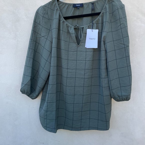 Theory Loose Blouse Quarter Balloon Sleeves Gray Window Pane Plaid  Tie Keyhole - Picture 1 of 3